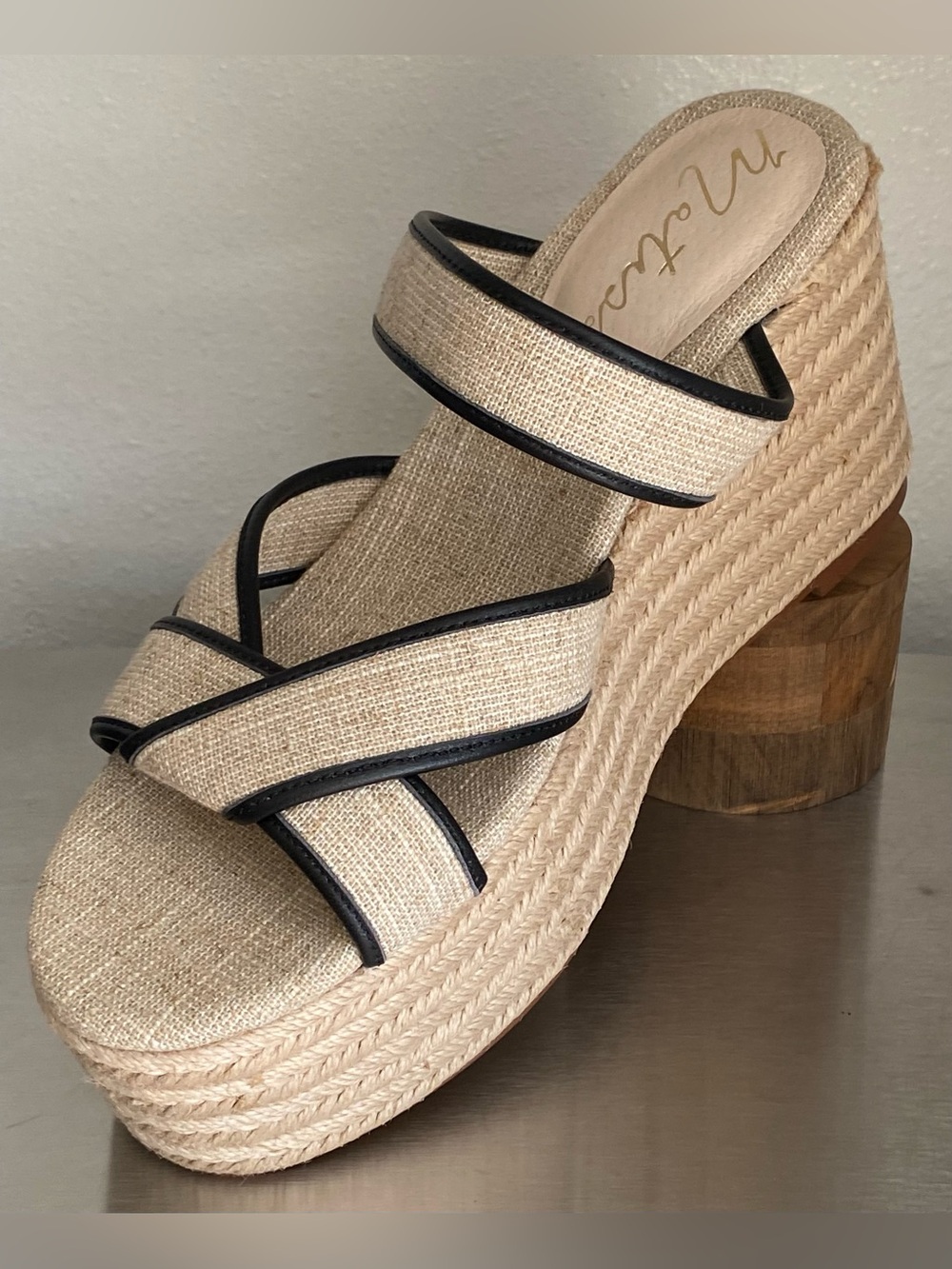 NEW MATISSE LINEN BRAIDED JUTE PLATFORM WEDGE SANDALS WITH BLACK TRIM